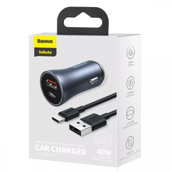 Автомобільне ЗУ Baseus Golden Contactor Pro 40W USB + Type-C (з Cable Type-C 5A (1m)) dark gray