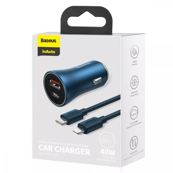 Автомобільне ЗУ Baseus Golden Contactor Pro 40W USB + Type-C (з Cable Type-C to Lightning (1m)) dark gray