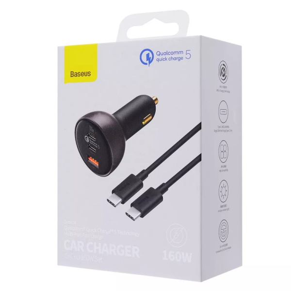 Автомобільне ЗУ Baseus Qualcomm Multi-Port Fast Charge 160W (2xType-C+USB) + Кабель Type-C+Type-C 100W gray